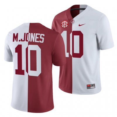 Men's Alabama Crimson Tide #10 Mac Jones White Crimson NCAA Split College Football Jersey 2403XZWO7